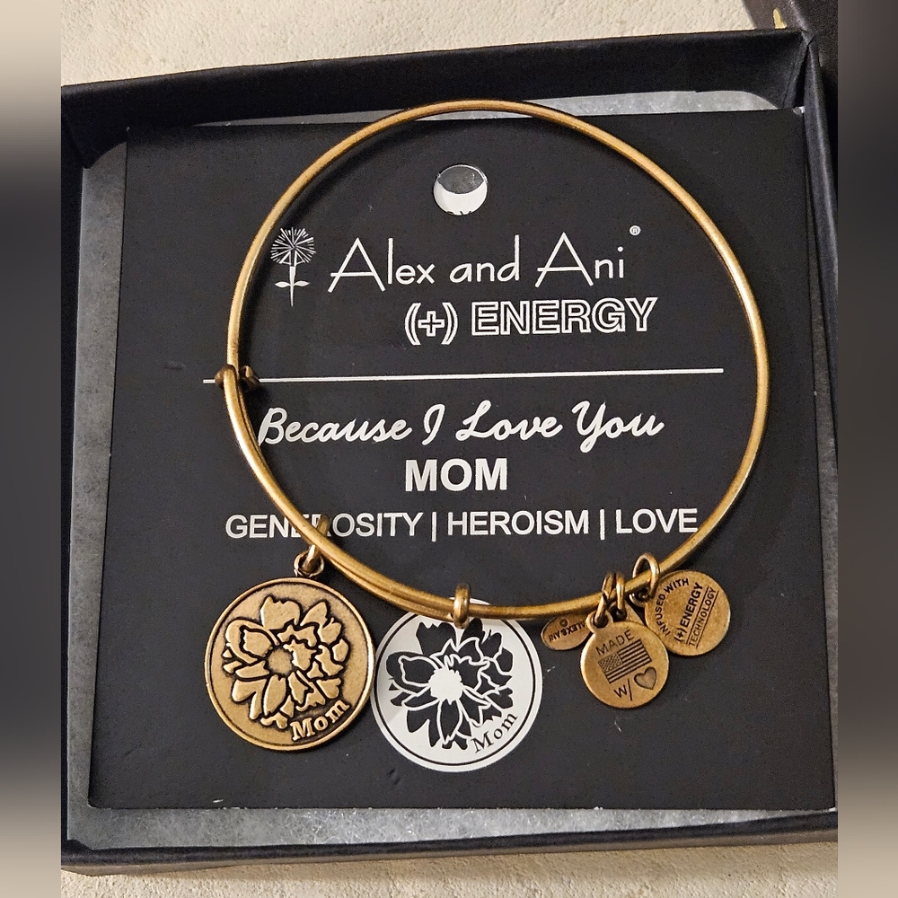 Alex & Ani Because I love You Mom Charm Bangle Bracelet with The Original Box